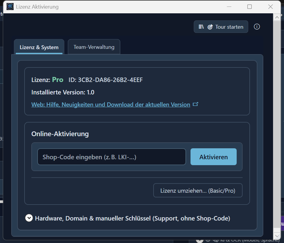 Lizenzfenster: Shop-Code eingeben und aktivieren