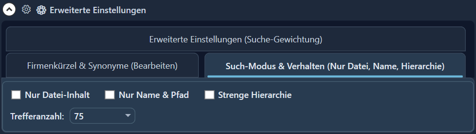 Erweiterte Sucheinstellungen: Gewichtung und Suchmodus